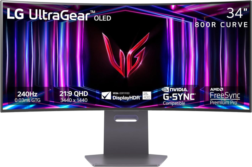 LG 34GS95QE 34-inch Ultragear OLED Curved Gaming Monitor WQHD 800R 240Hz 0.03ms DisplayHDR True Black 400 AMD FreeSync Premium Pro NVIDIA G-Sync HDMI 2.1 DisplayPort Tilt/Height/Swivel Stand Black