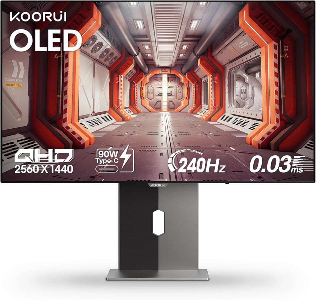 KOORUI 27 inch OLED Gaming Monitor, 1440P 240Hz Computer Monitor, 0.03ms, AdaptiveSync Compatible, 90W Type-C Charge, DCI-P3, Slim Screen, HDMI 2.0, DisplayPort 1.4, USB-C 3.1, VESA, Black, 27E8QK
